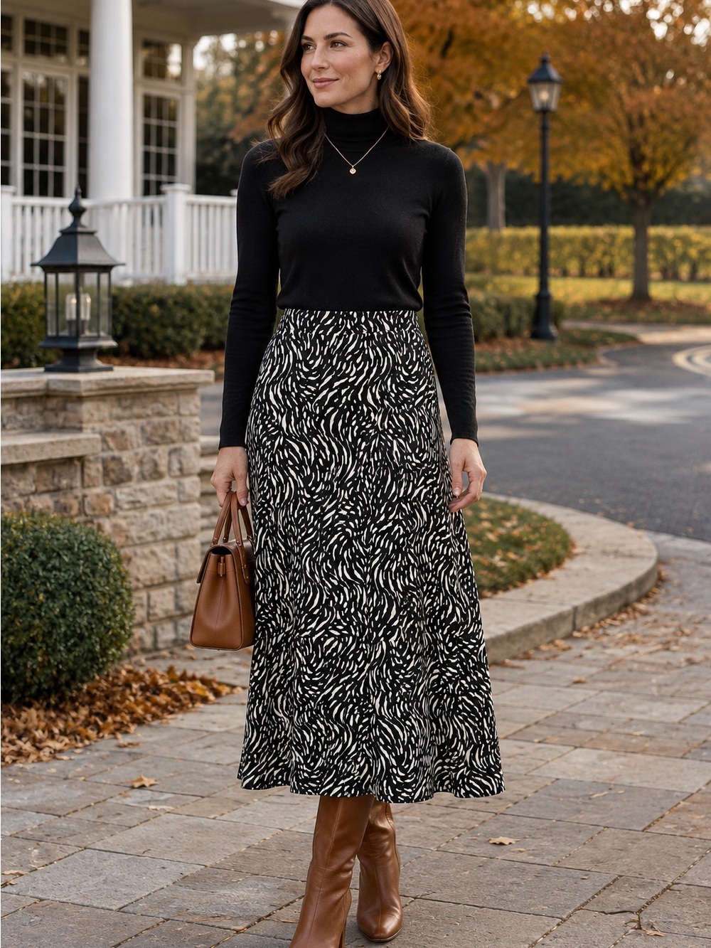 Nine West Black Ivory Abstract Animal Print Flared Midi Skirt Office Workwear